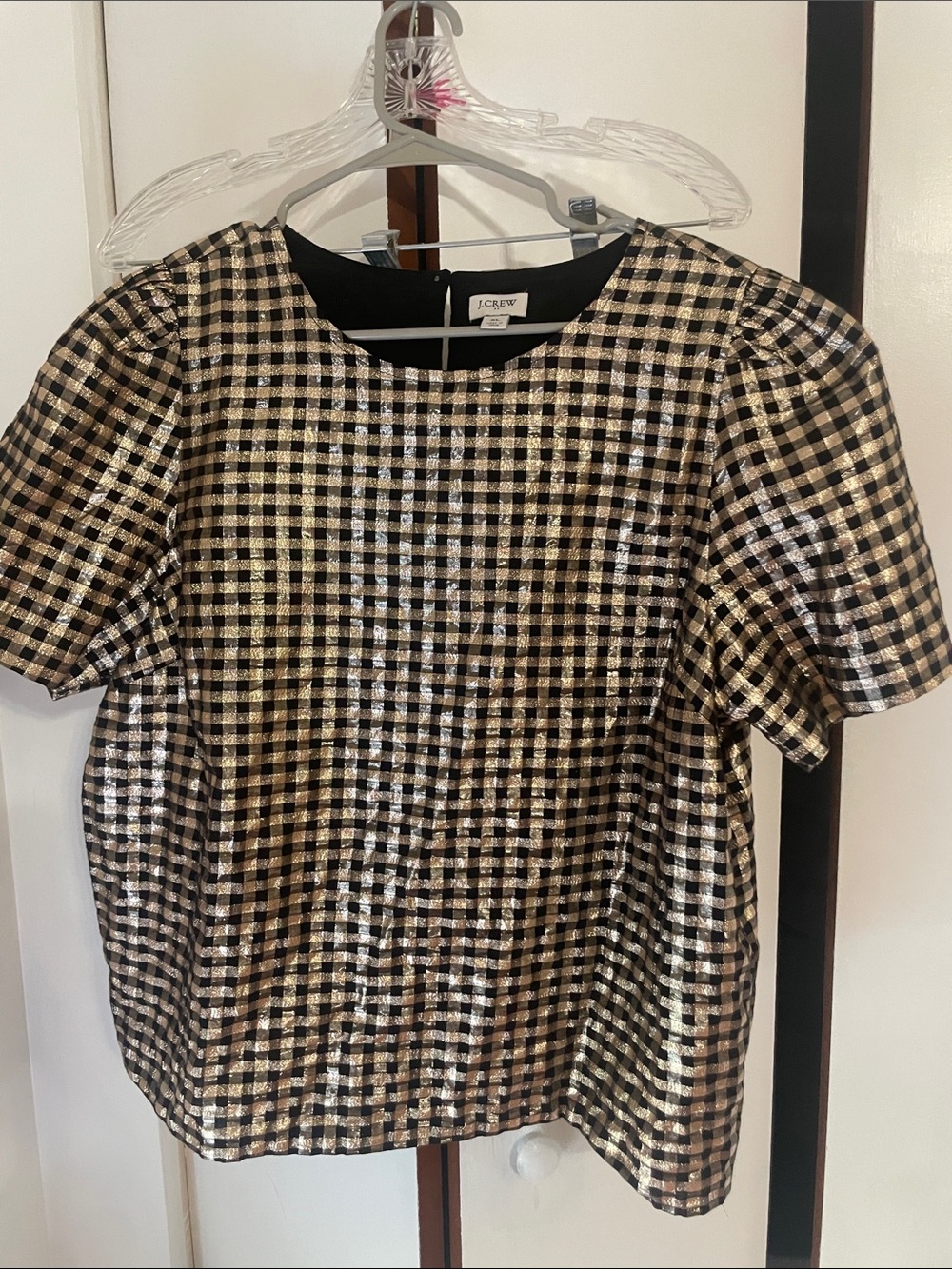 J. Crew Black and Gold Checked Short-Sleeve Top